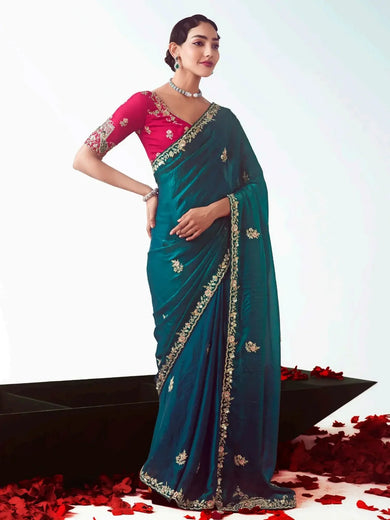 Mesmerizing Rama Blue Floral Embroidery Organza Saree With Blouse